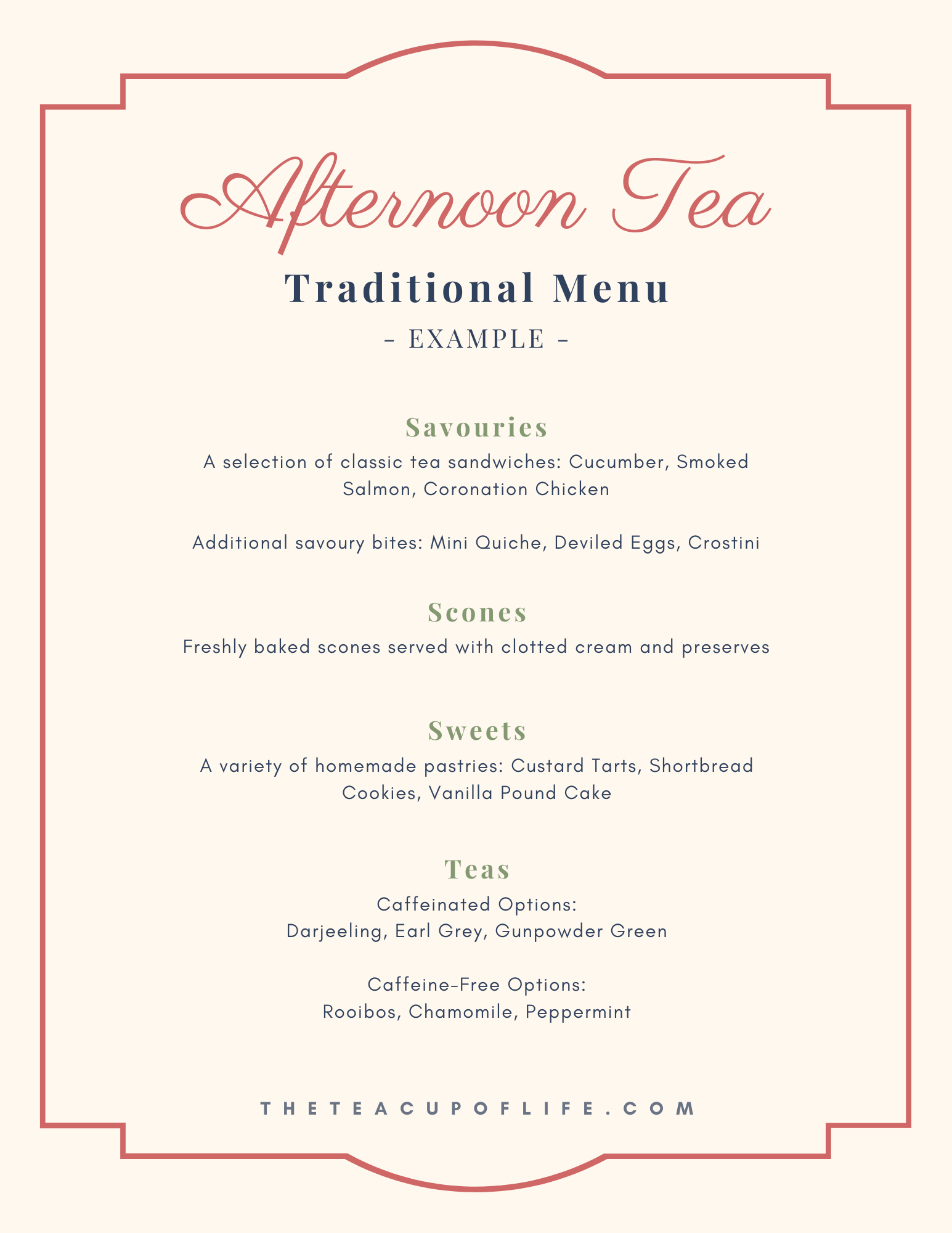 Afternoon Tea Traditional Menu Example The Cup Of Life