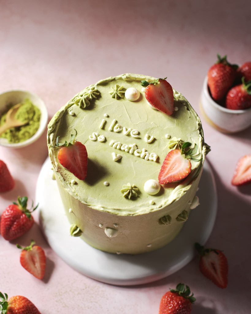 strawberry matcha cake by teak & thyme