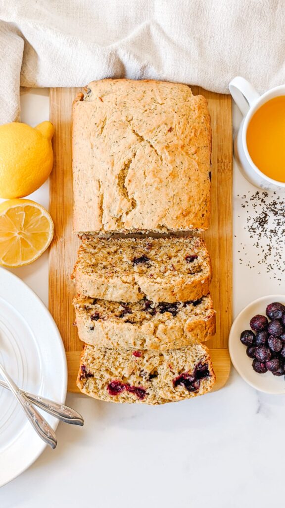 earl grey tea loaf cake with blueberries and lemon curd